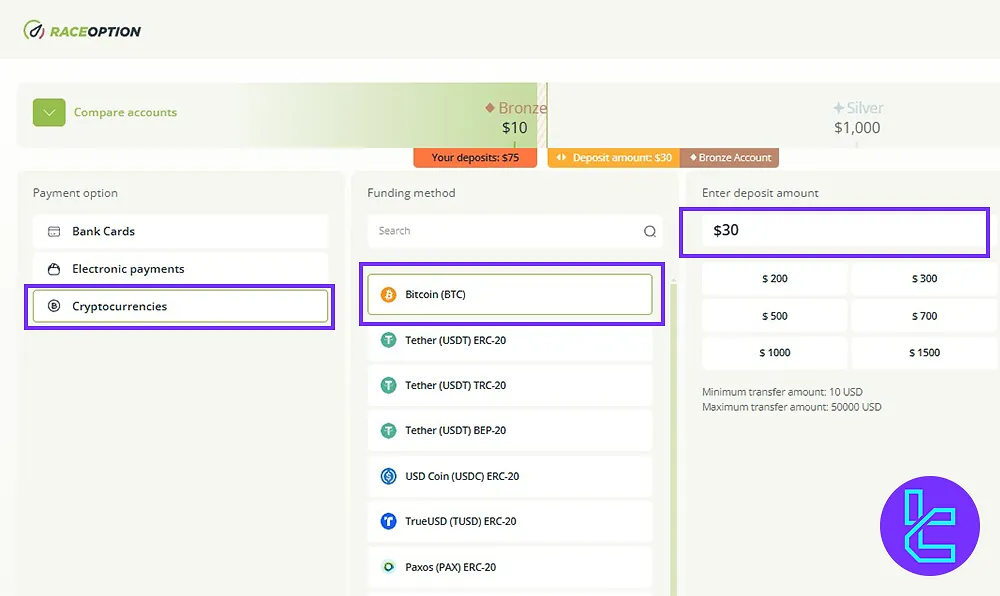 Selecting BTC and insert the Raceoption deposit amount