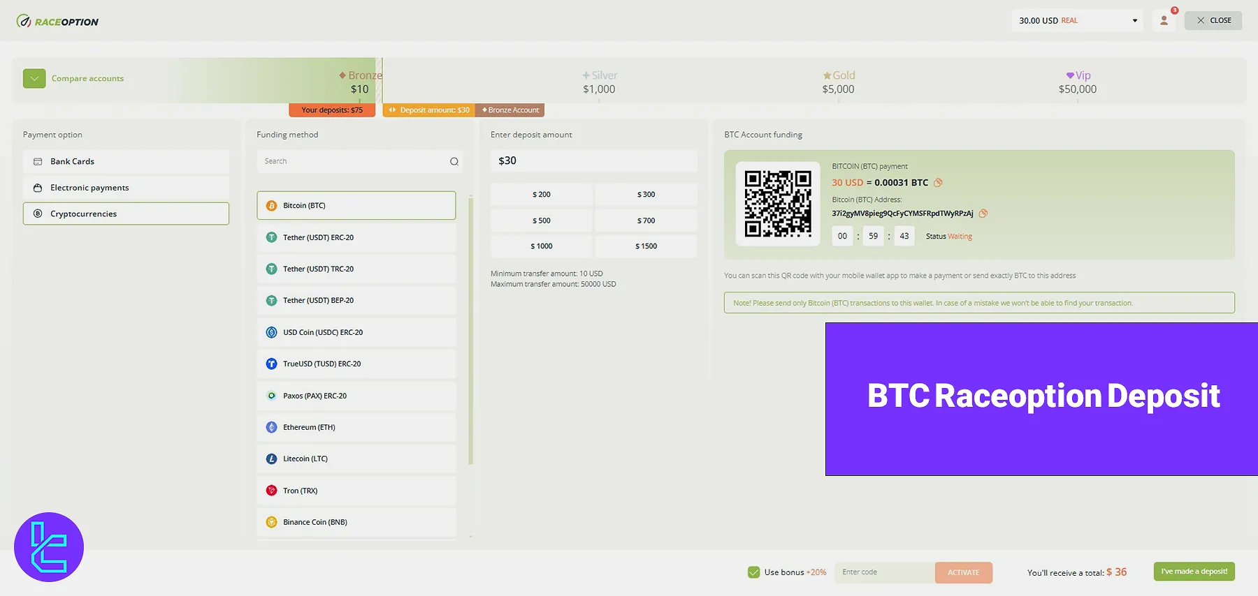 BTC Raceoption Deposit