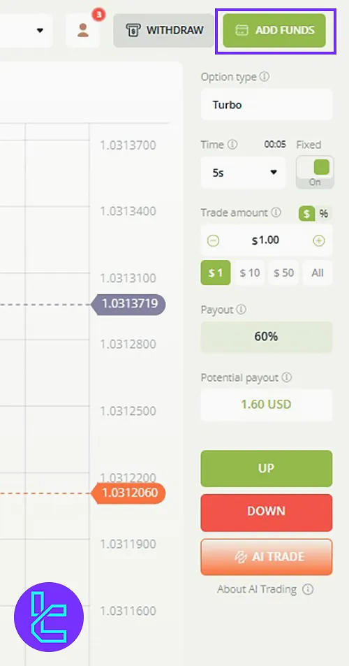 Navigating to the add funds section to make a BTC transaction on Raceoption