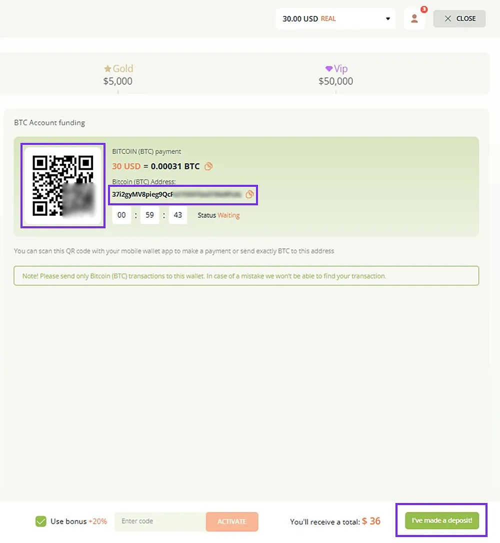 Scanning the Raceoption QR Code and depositing BTC