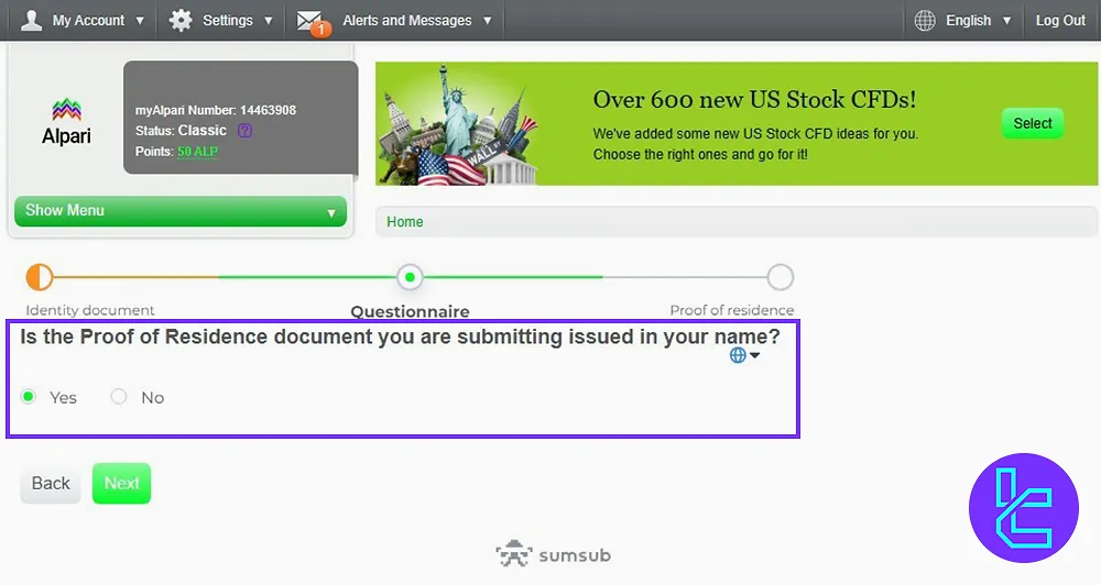 Alpari Binary KYC and confirming the proof of address in the name