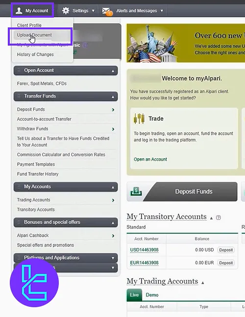 Access the My Account page for Alpari Binary KYC
