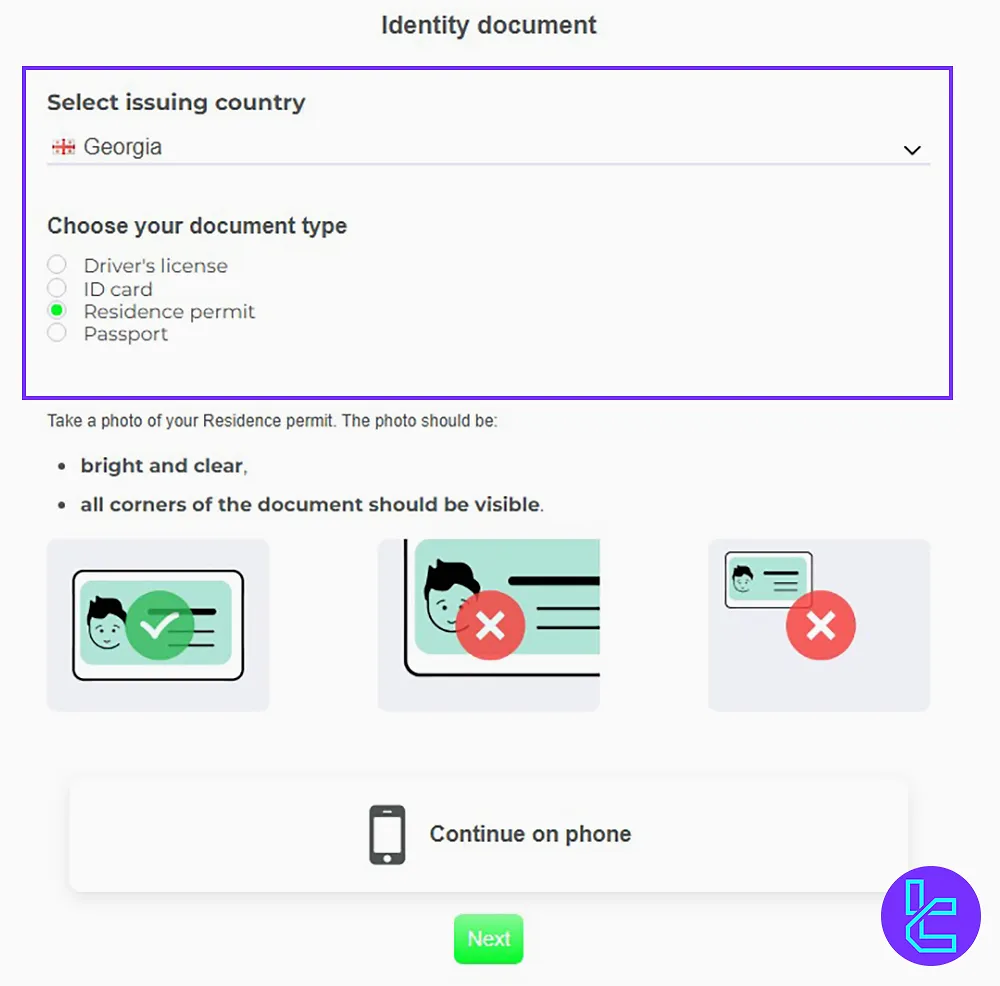 Choosing the document type for Alpari Binary KYC