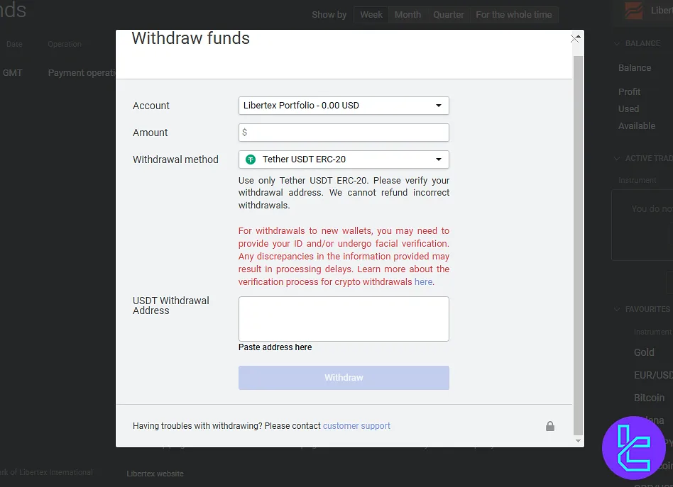 Start a withdrawal process for Libertex identification