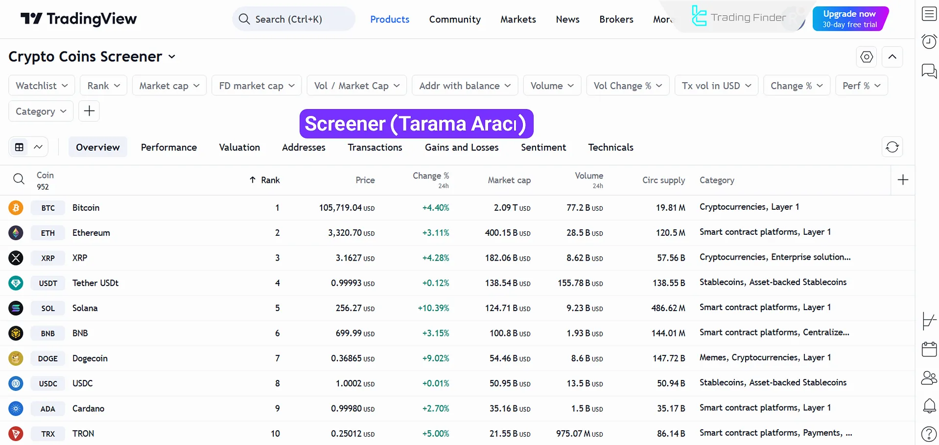 TradingView platformunda Screener özelliğine erişim