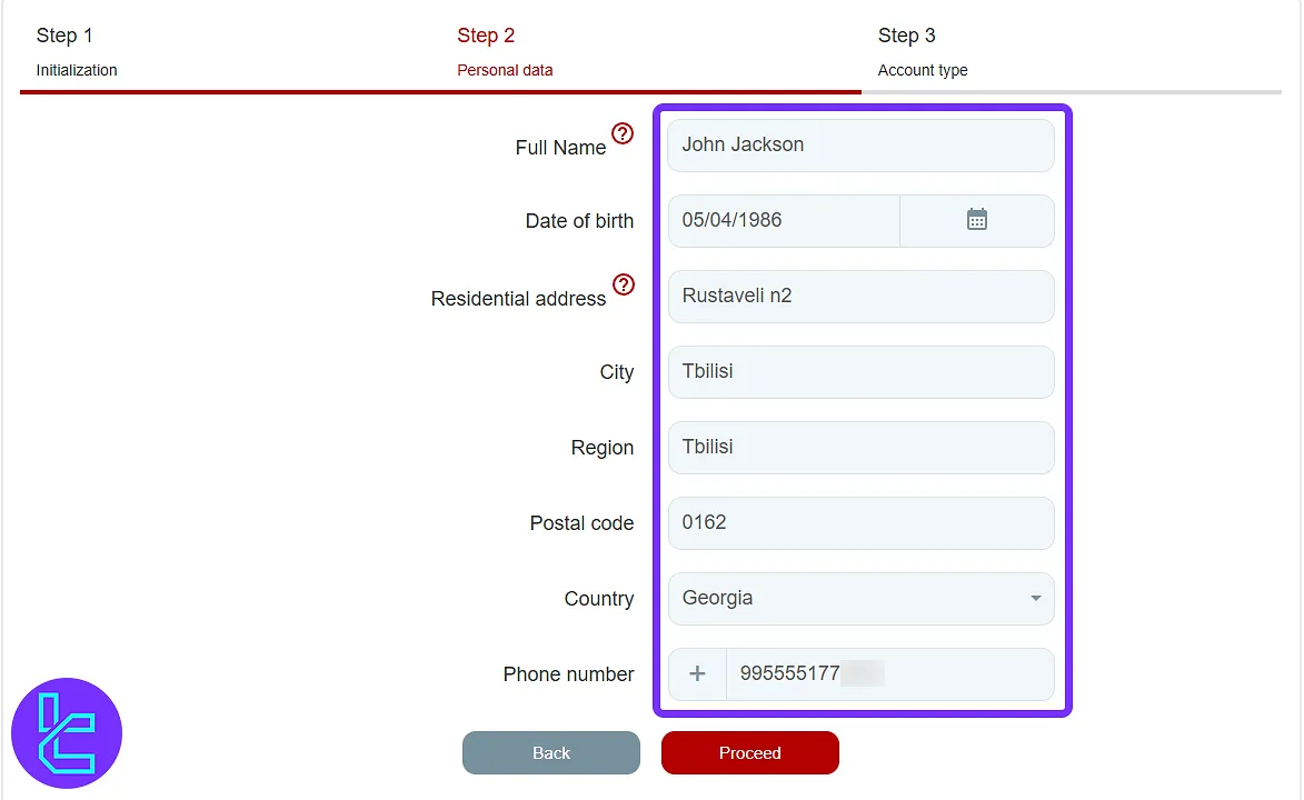 Personal data form in the InstaForex sign-up