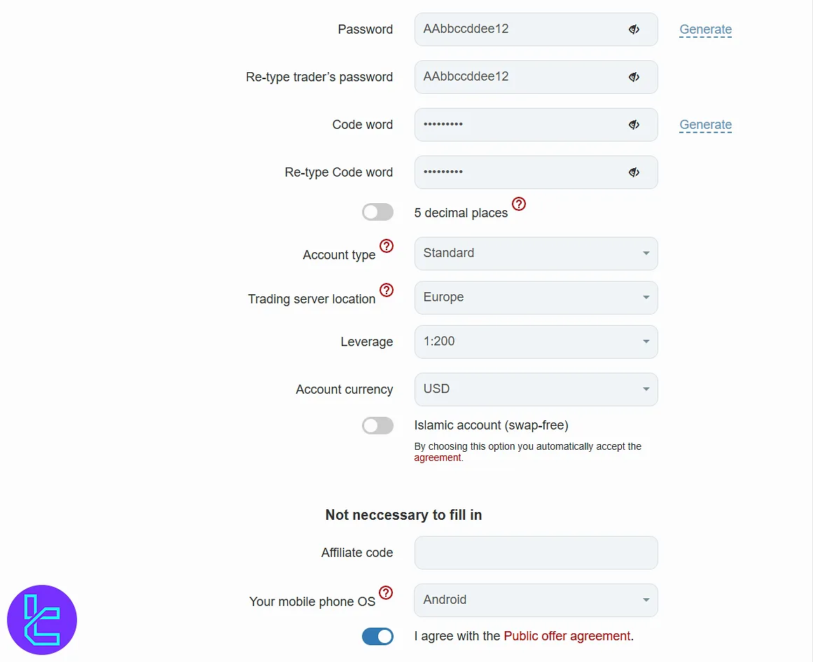 InstaForex sign-up account type form