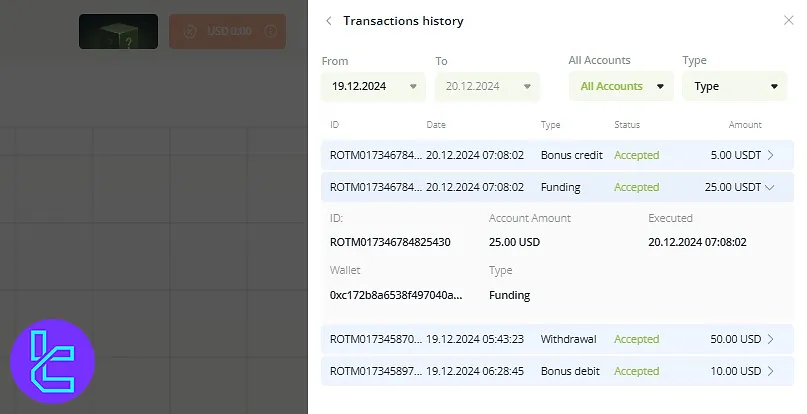 Raceoption ERC20 in the Transaction history