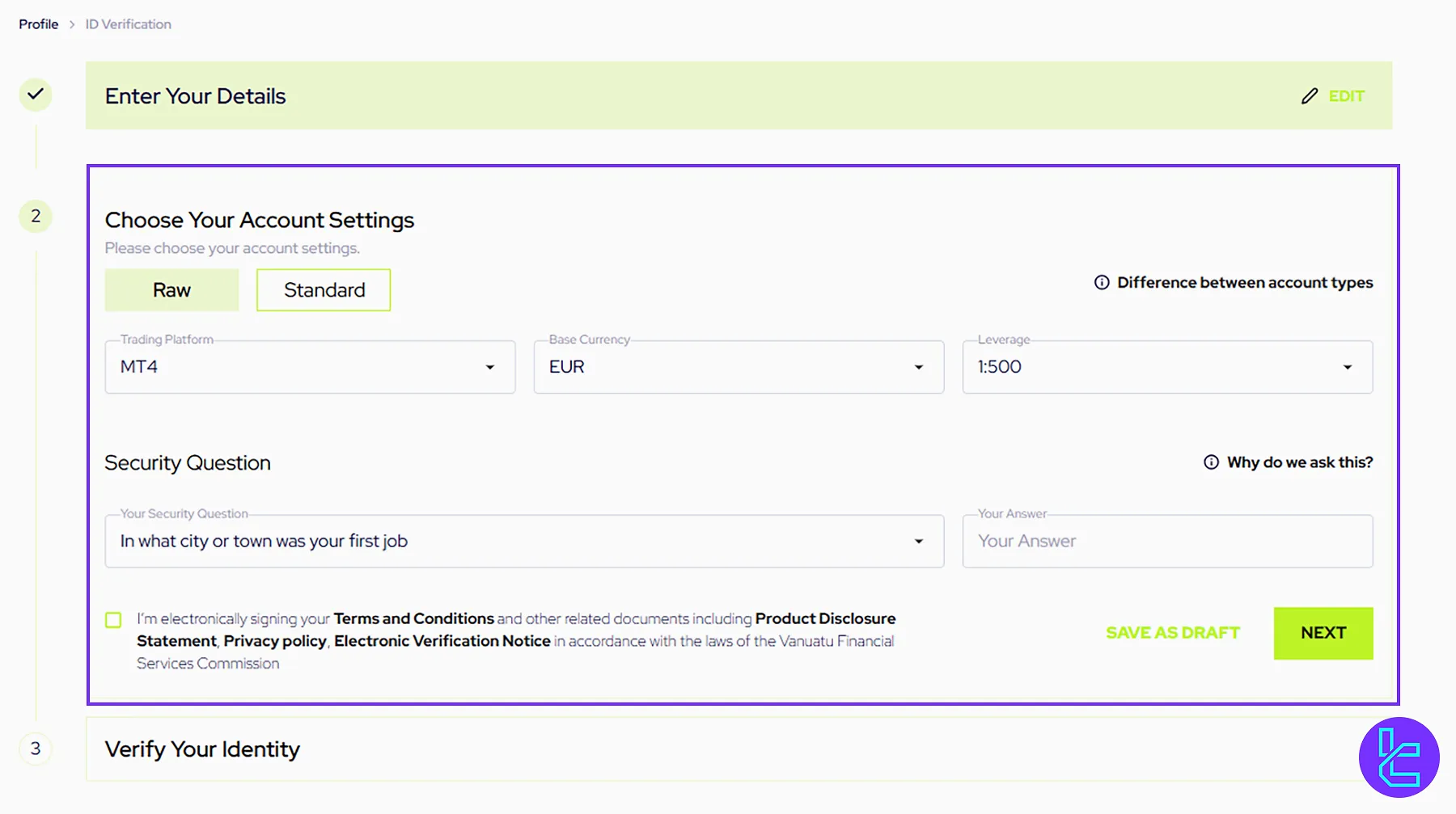 Account settings for verification in GlobalPrime