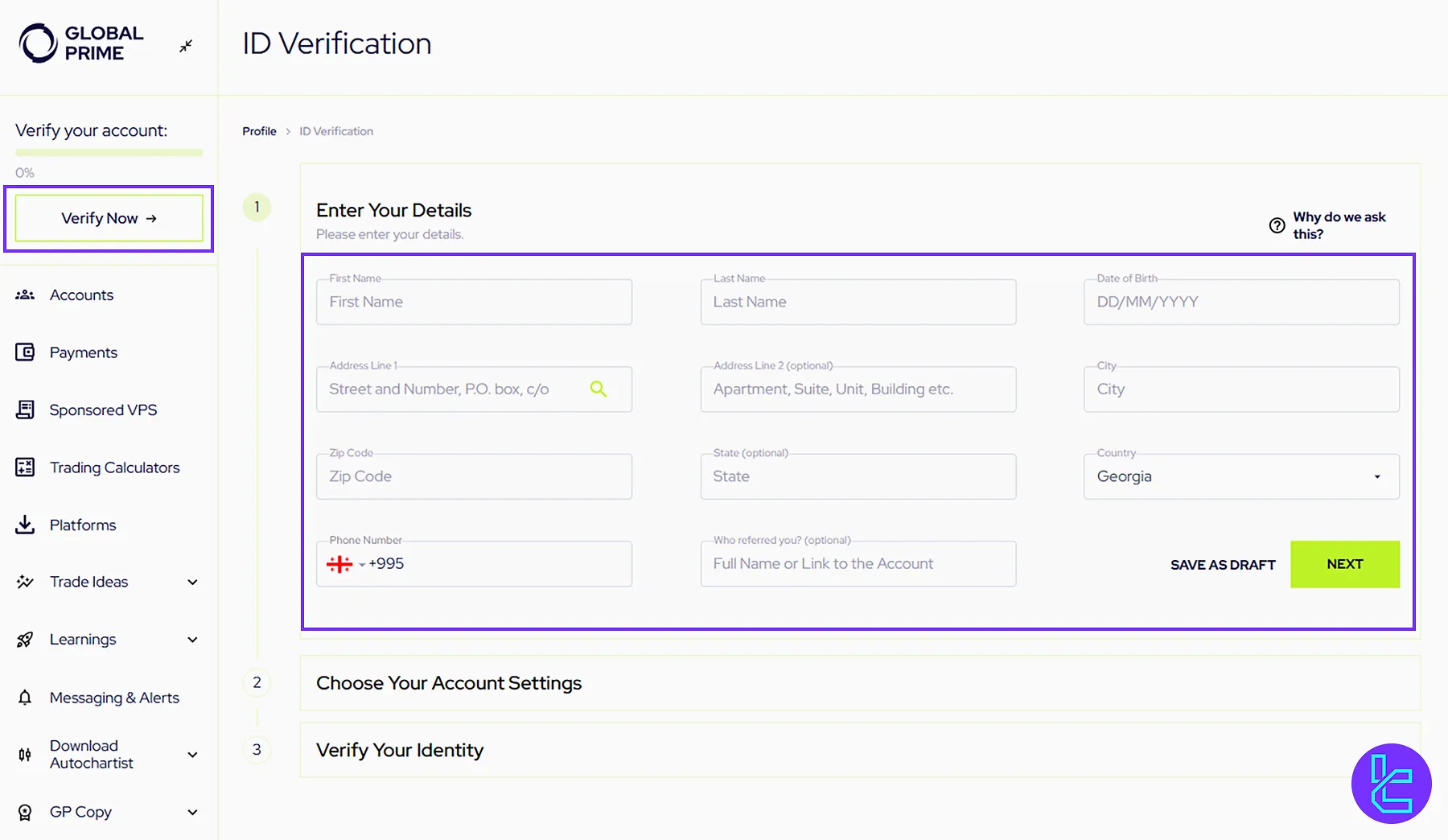 Entering the Personal details for the GlobalPrime verification