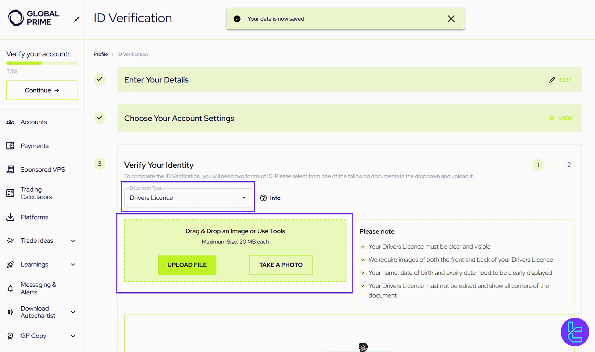 Uploading the primary verification docs in GlobalPrime