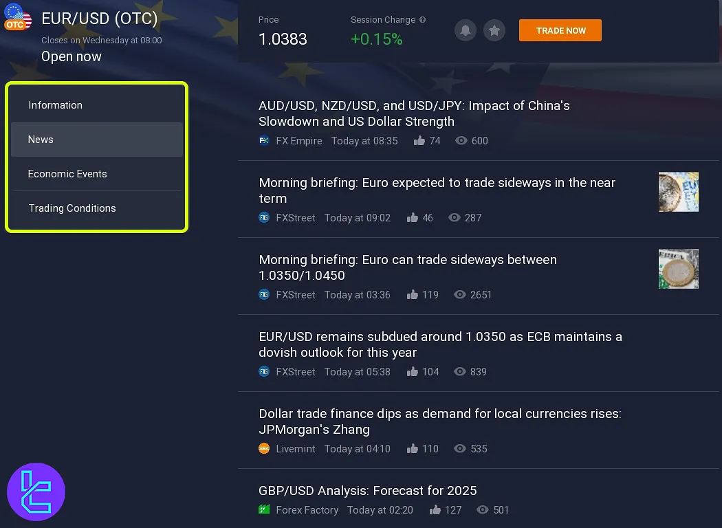 Forex pair information on Exnova trading terminal