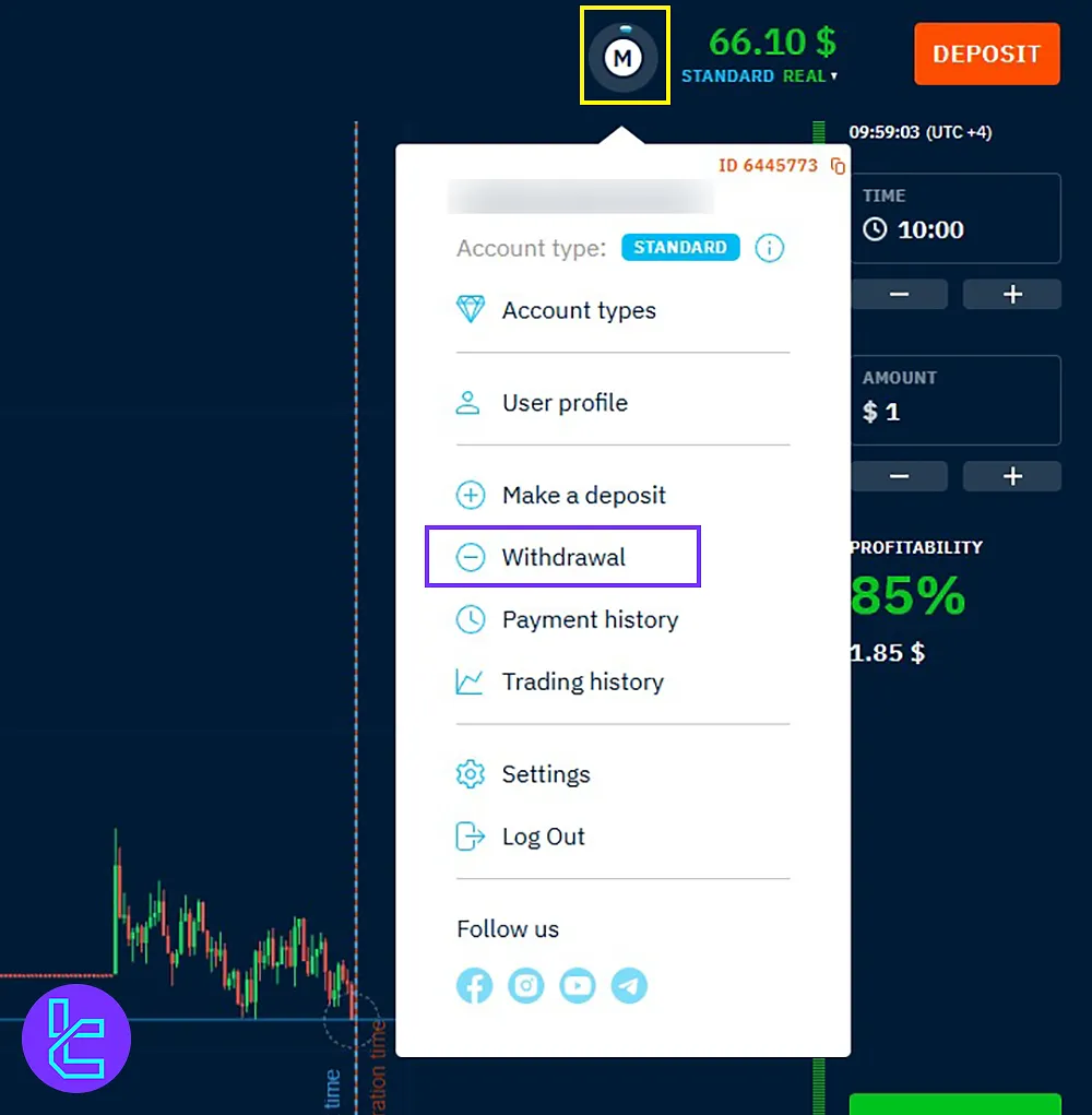 Accessing the withdrawal section for BTC payouts in Binarium