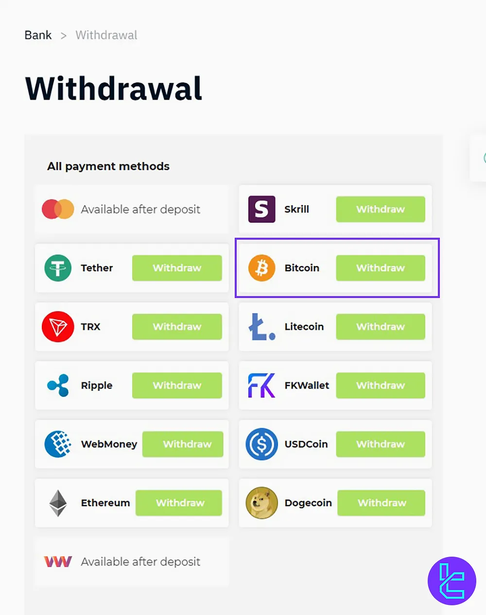 Selecting Bitcoin as the Binarium Withdrawal Option