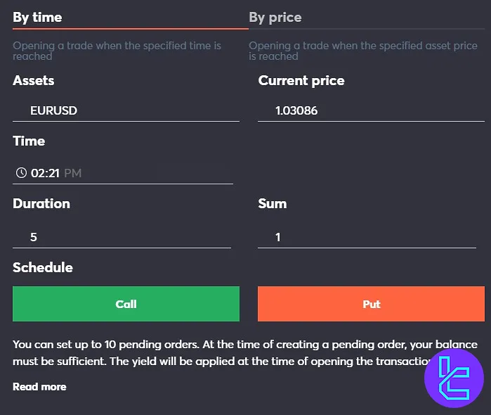 Intrade Bar platform pending order