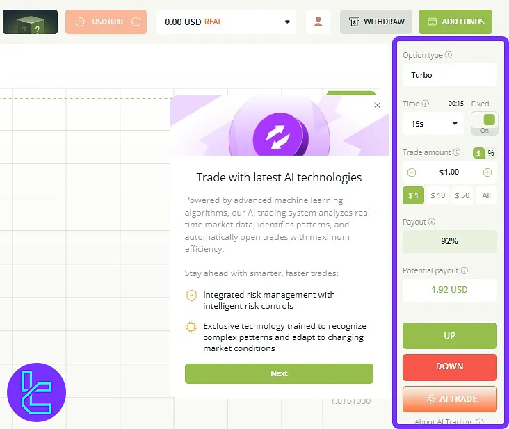 Raceoption client cabinet trading panel