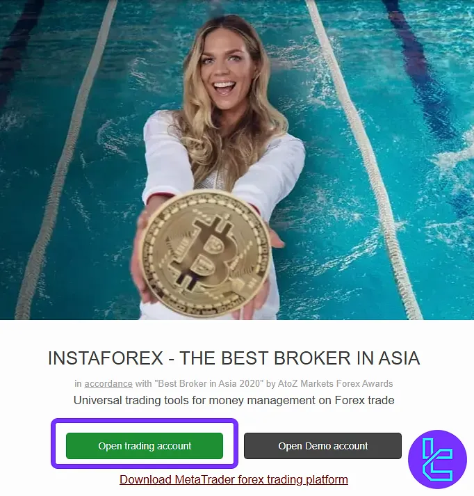 InstaForex sign up through the open trading account button