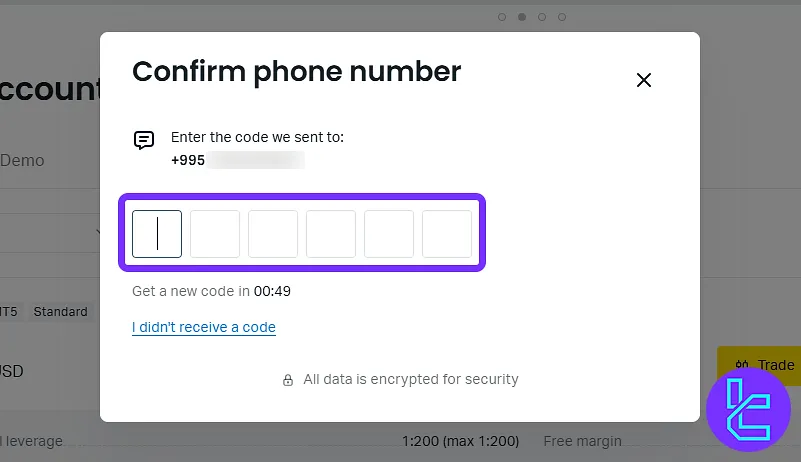 Exness account verification phone number confirmation tab