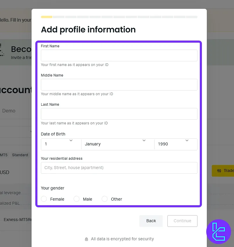 Exness verification process personal details form