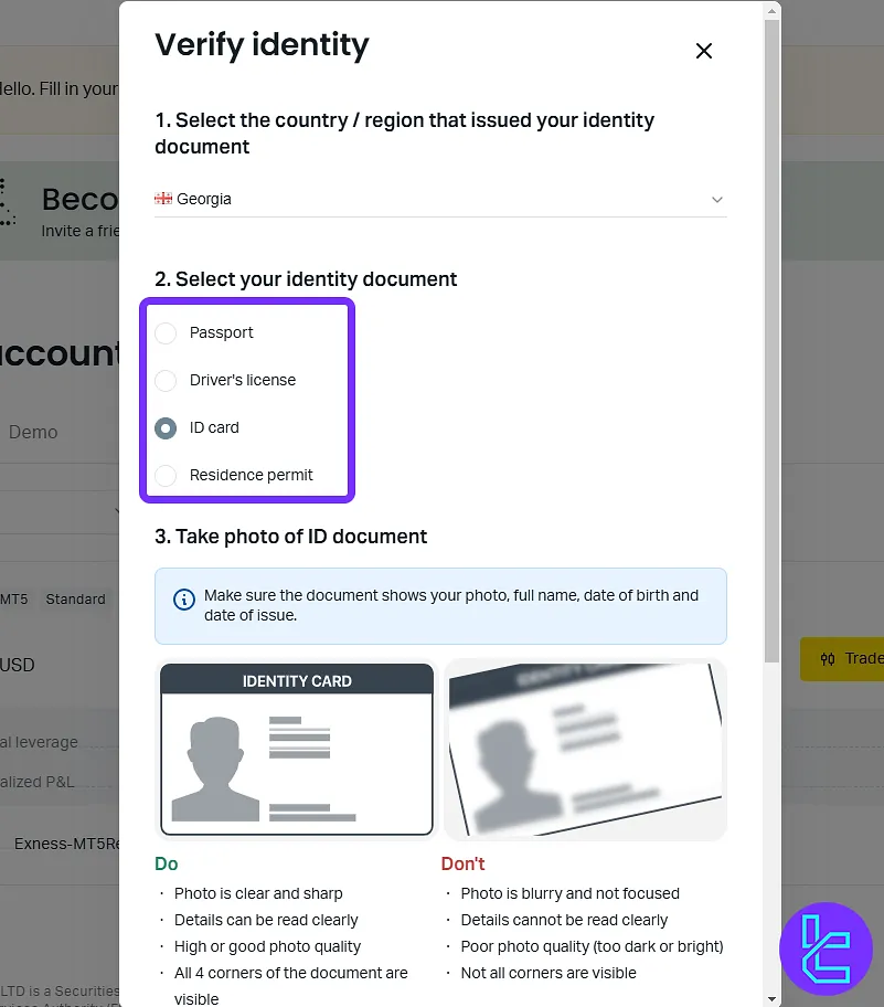 POI document selection for Exness verification