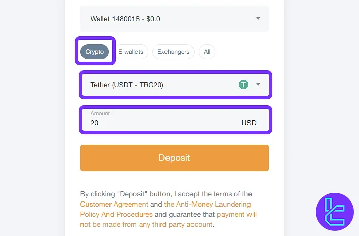 Amarkets TRC-20 deposit interface