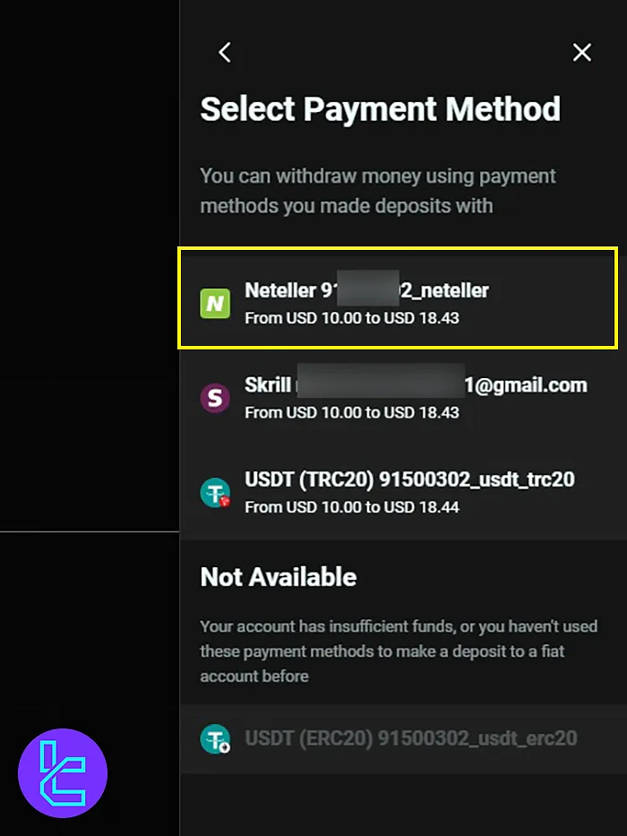 Selecting Neteller to withdraw from Olymp Trade