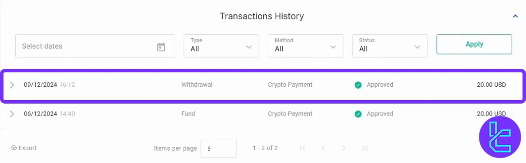 FXPro TRC20 withdrawal on the Transaction history page