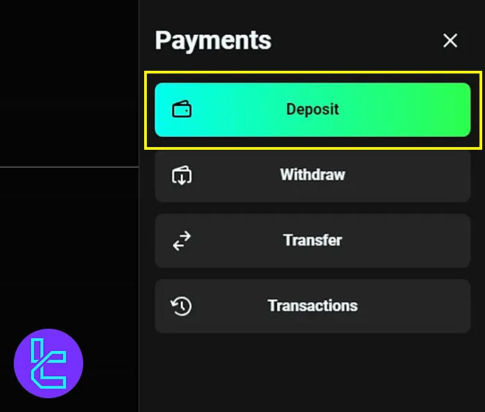 Accessing the deposit section in Olymp Trade to pay with Neteller