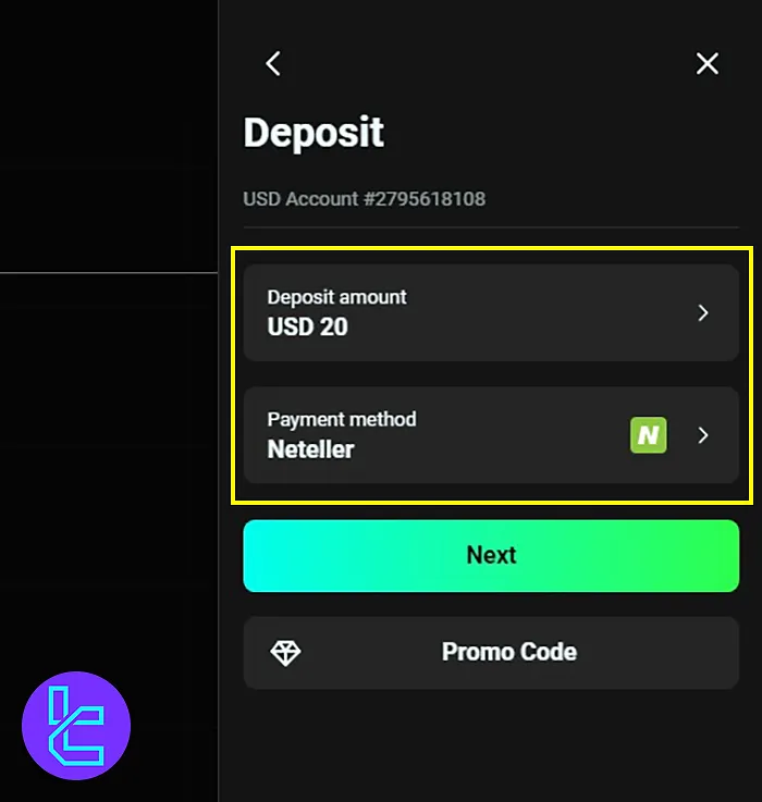 Selecting Neteller and inserting the deposit amount in Olymp Trade