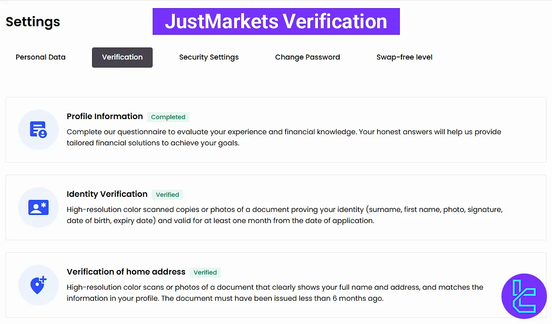 JustMarkets verification process