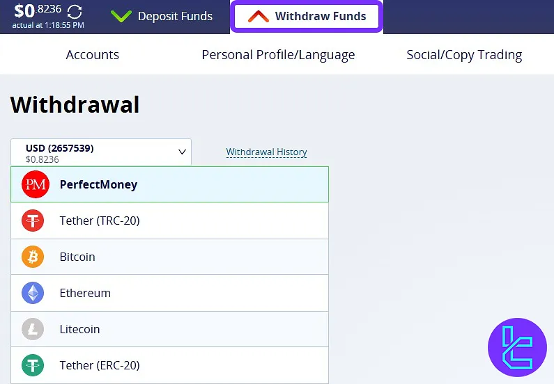 Crystal Ball Markets trading terminal withdrawal section