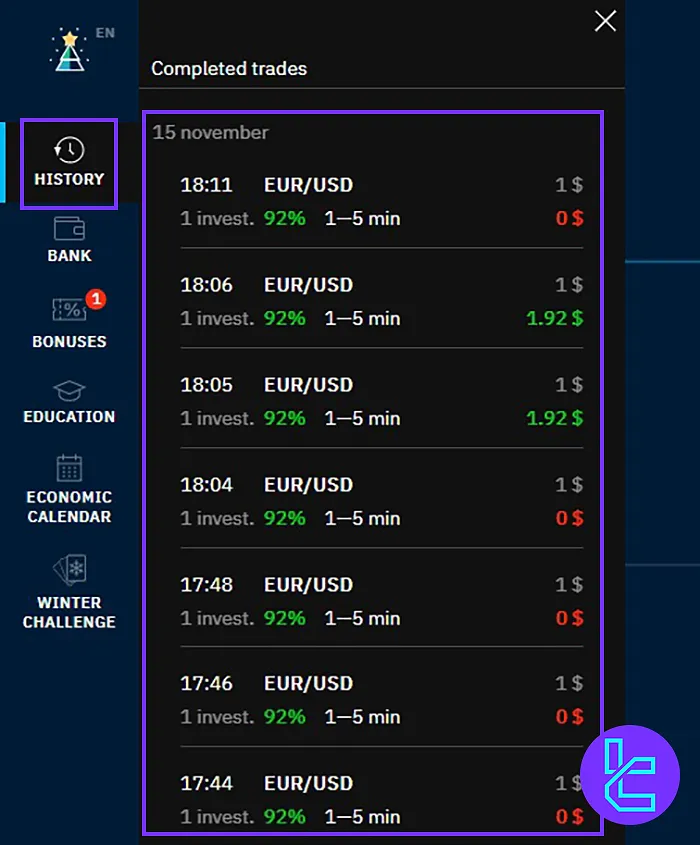 Binarium Trading History Accessible from the Profile workspace