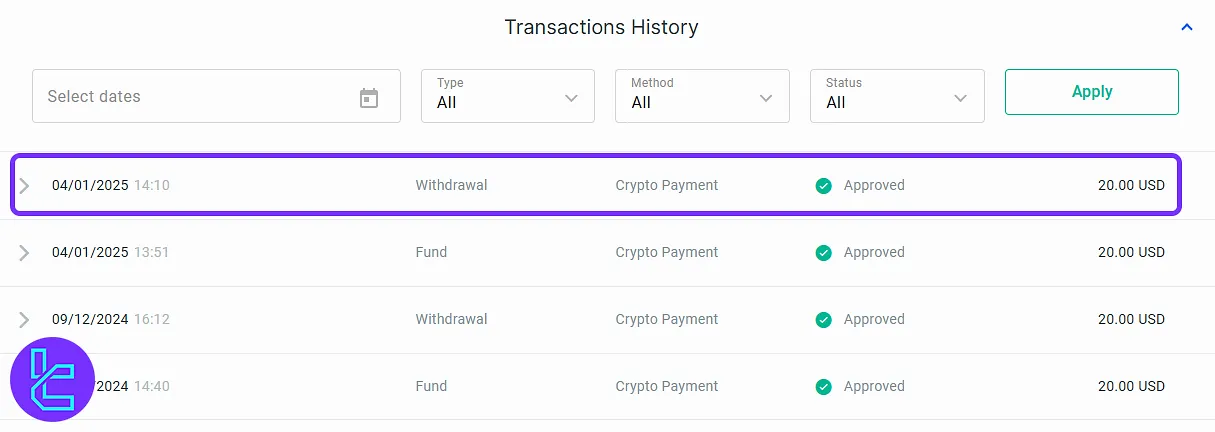 FXPro ERC20 payment on the Transaction History tab