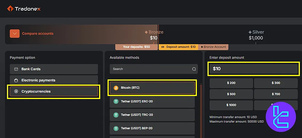 Selecting BTC for Tradonex Deposit