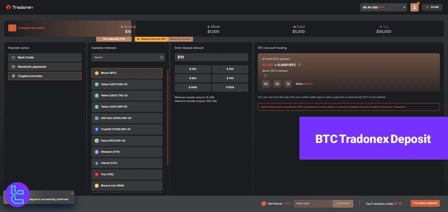 BTC Tradonex Deposit - Fund Manually or Scan the QR Code [5 steps] 2025