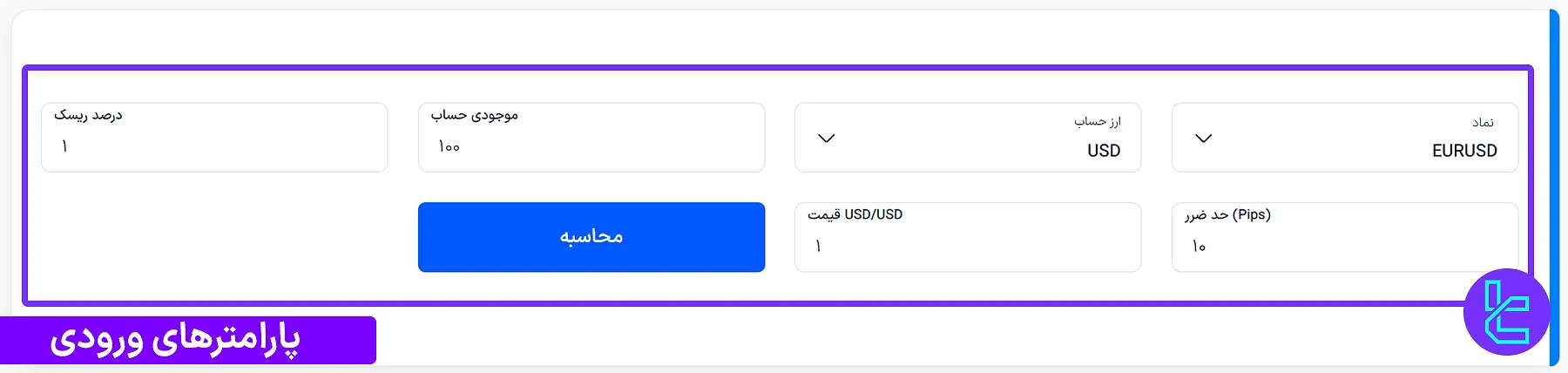 پارامترهای ورودی ابزار ماشین حساب اندازه پوزیشن تریدینگ فایندر