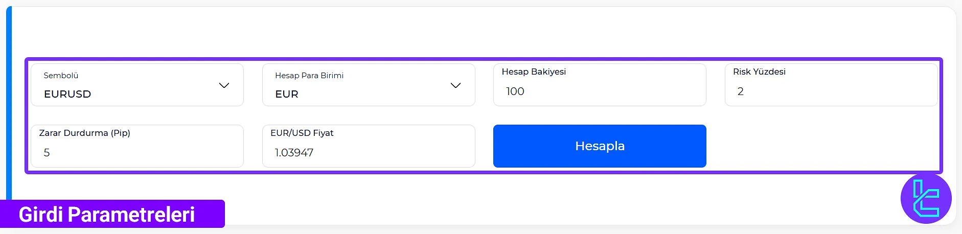 TradingFinder Pozisyon Büyüklüğü Hesaplayıcı Aracı girdi parametreleri