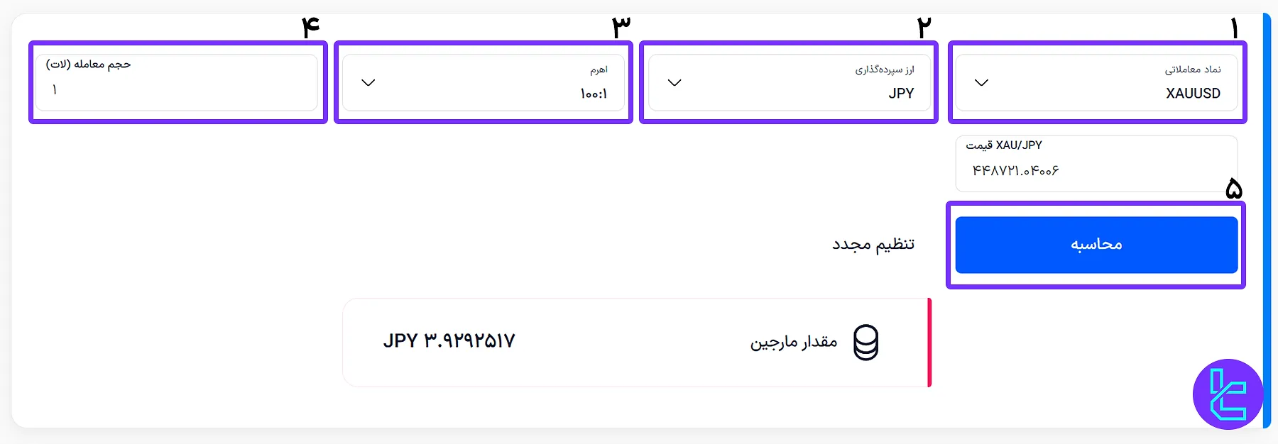 کار با ابزار ماشین حساب مارجین تریدینگ فایندر