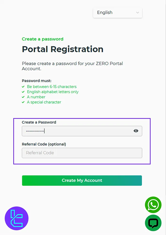 Creating a password to register with Zero Markets