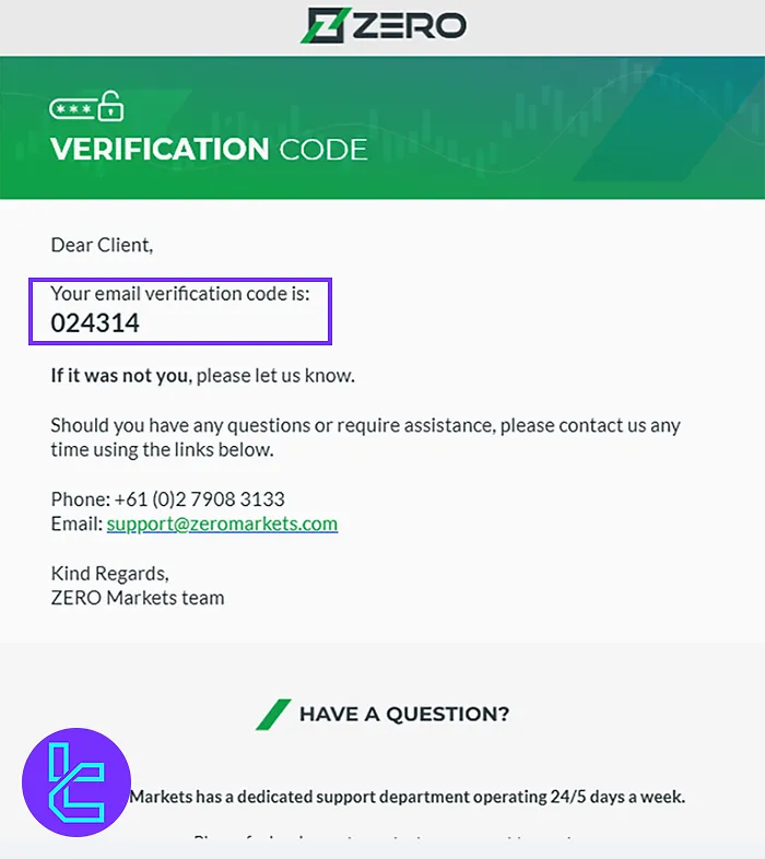 Verification code sent for registration in Zero Markets