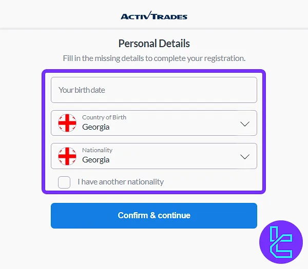 ActiveTrades sign up personal details form