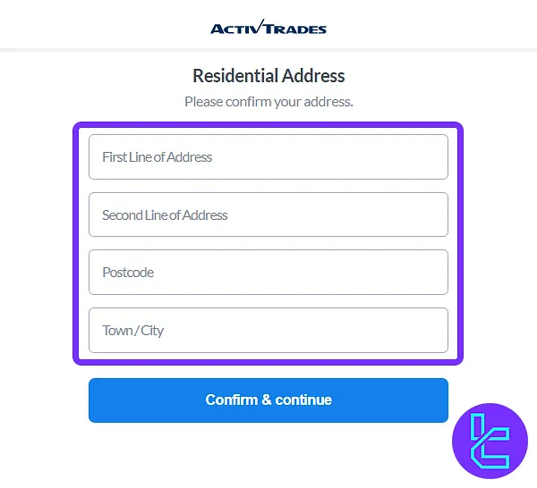 ActiveTrades sign up residential address form