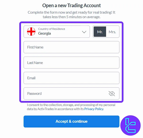 ActiveTrades sign-up form