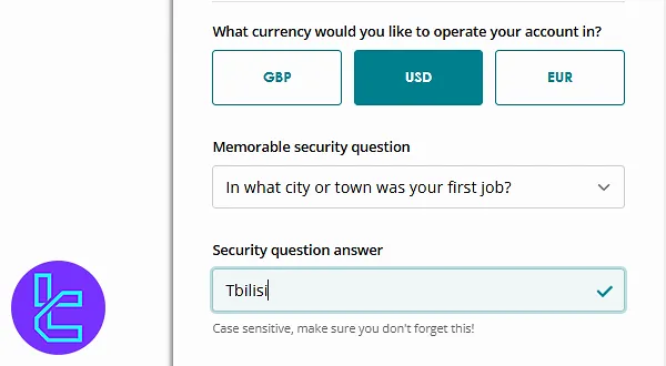 Spreadex account opening security question step