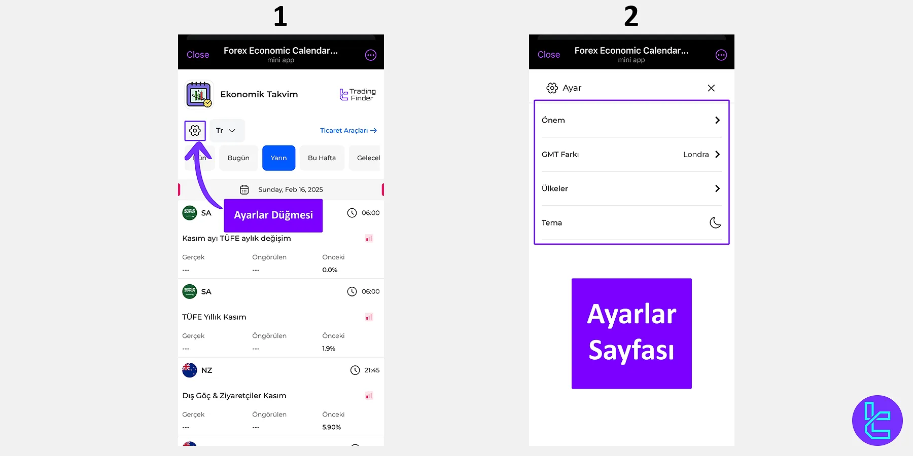 TradingFinder Forex Ekonomik Takvimi Mini Uygulaması ayarları