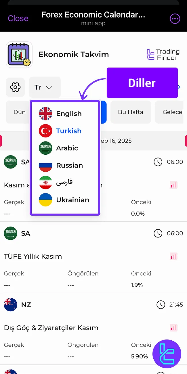 TradingFinder Ekonomik Takvimi Mini Uygulamasında Diller