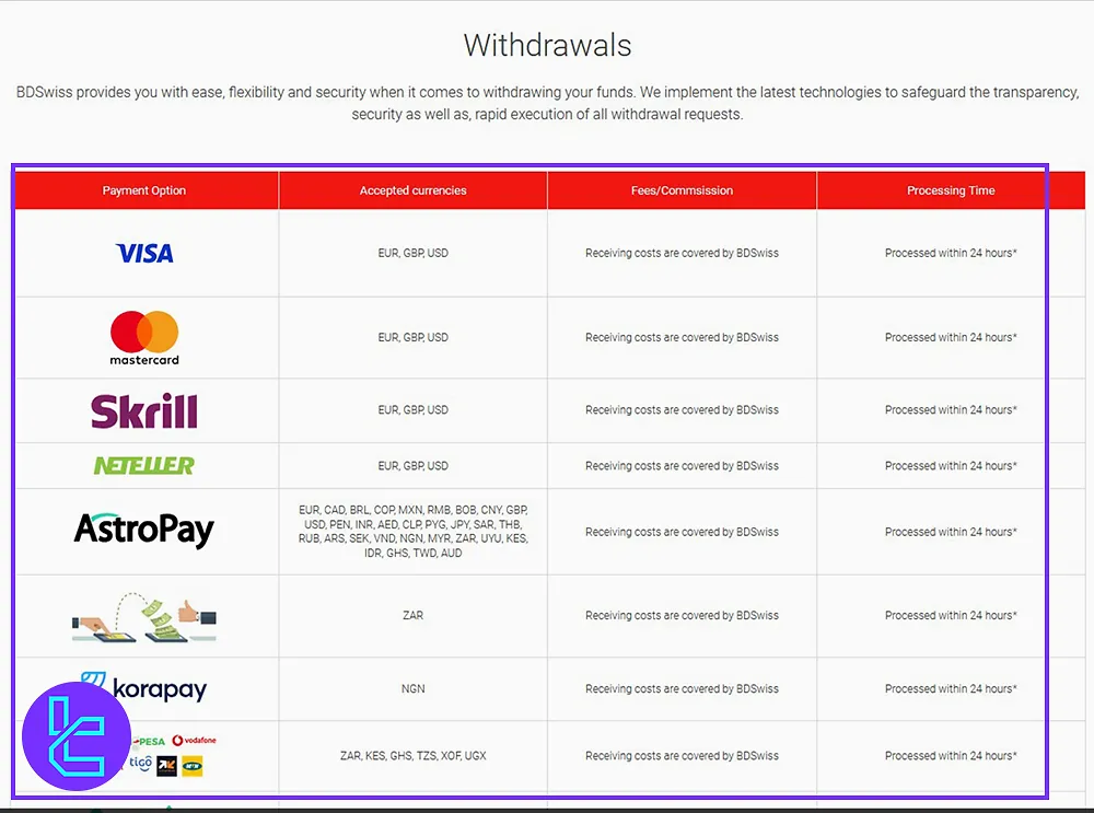 BDSWISS available withdrawal options