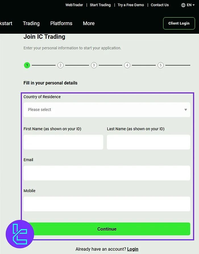 Entering Personal Details to Signup IC Trading