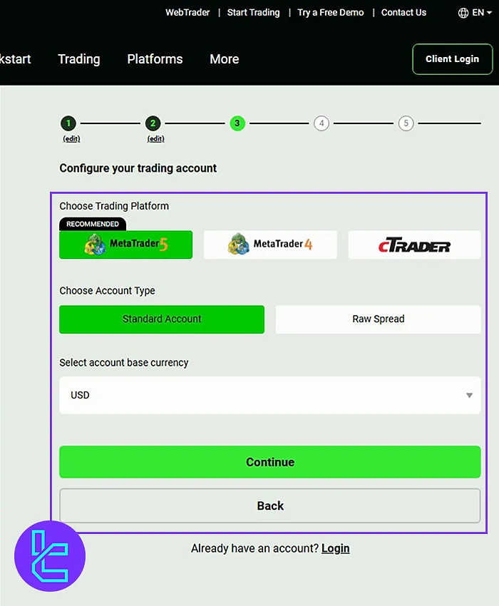 Choosing Trading Platform and Currency to register with IC Trading