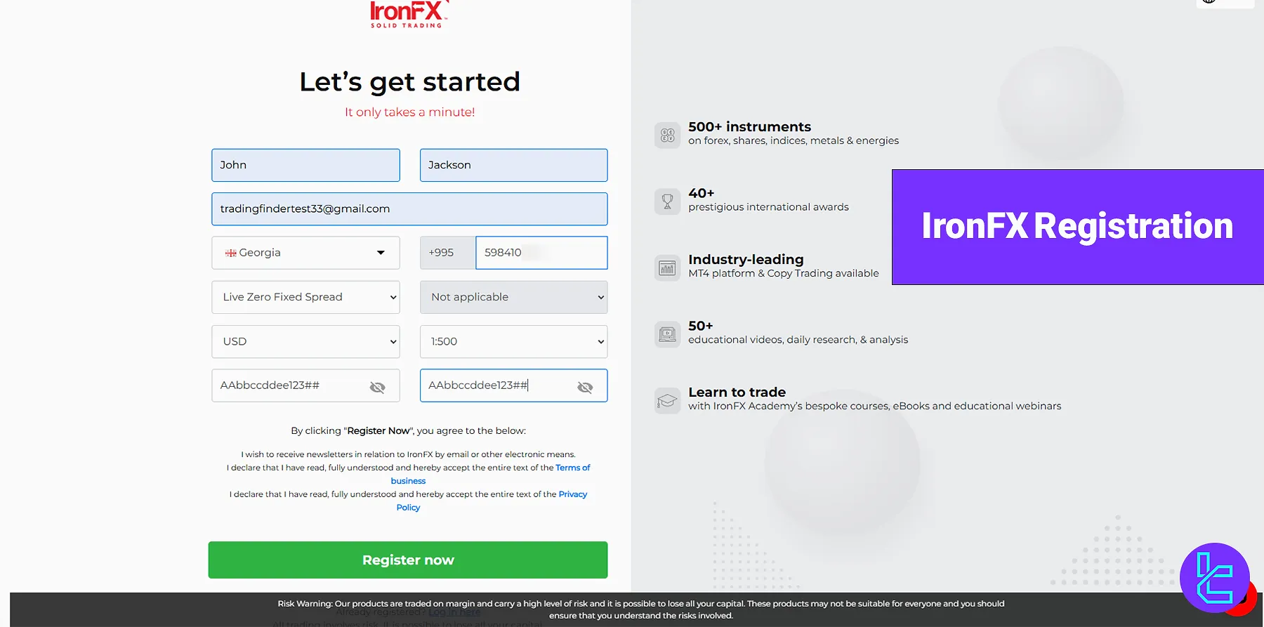 IronFX Registration - Email, Phone, and Country [2 steps] 2025